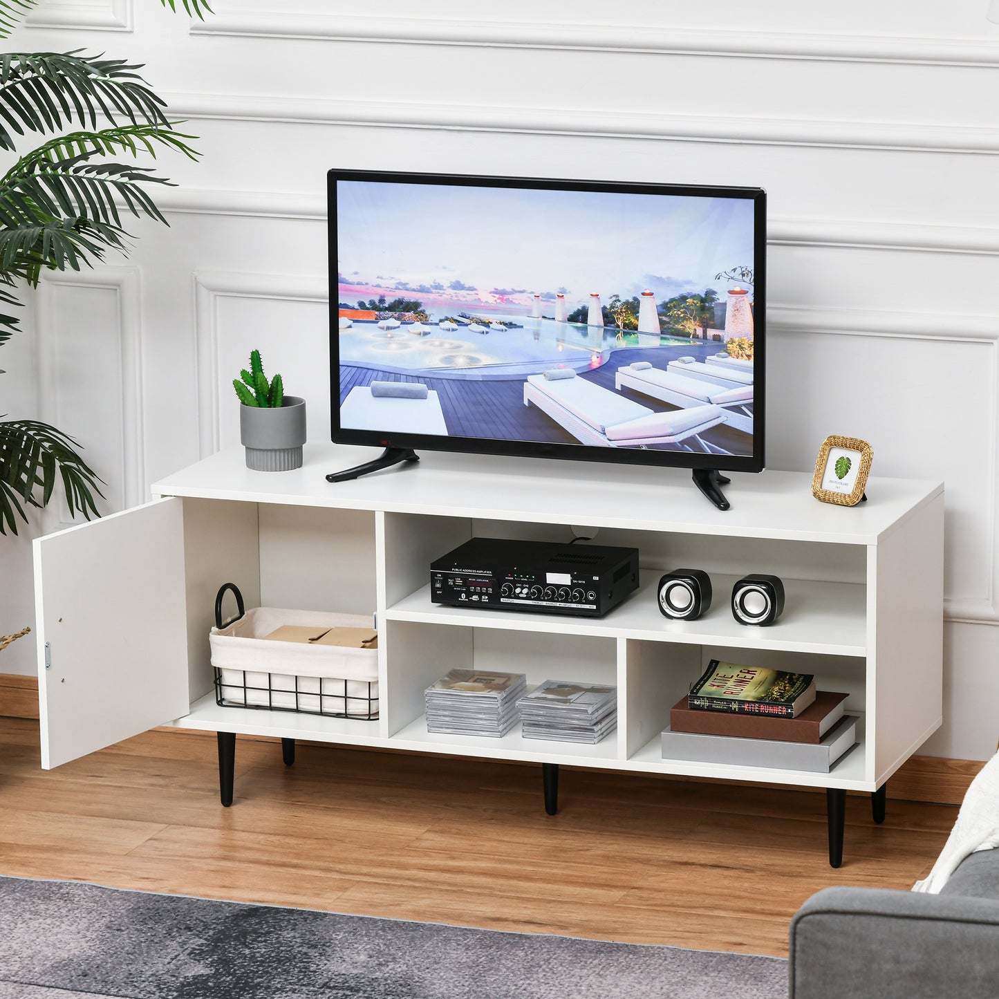 HOMCOM Modern TV Stand Cabinet with Storage Shelf, Cable Hole, Home