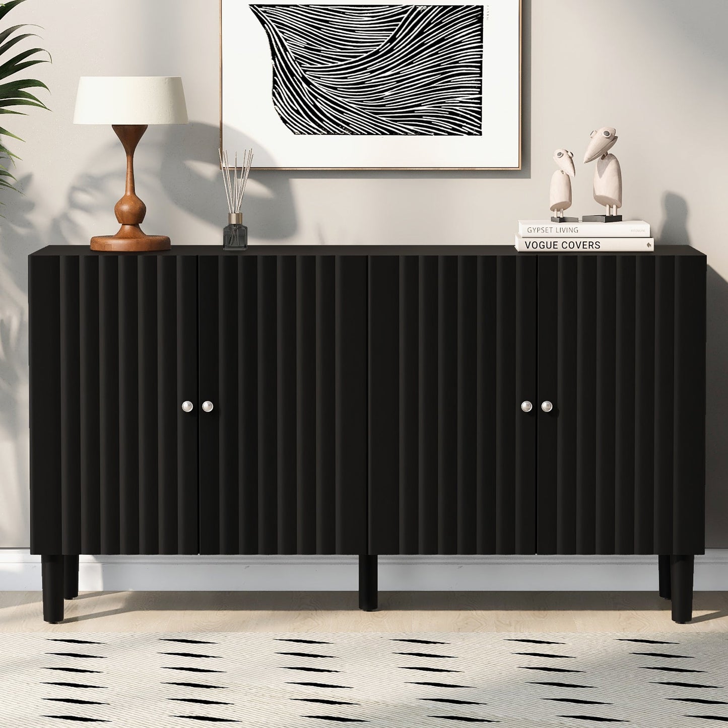 Elegant Four-Door Sideboard with Wavy Pattern Doors, Cylindrical Legs,