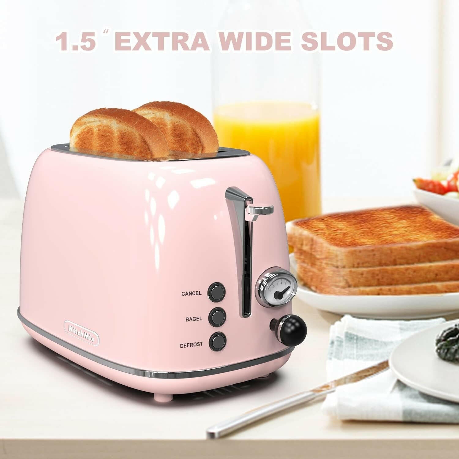 Toaster 2 Slice,Retro Stainless Steel Toaster with 6 Settings, 1.5 in Extra Wide Slots, Bagel/Defrost/Cancel Function, Removable Crumb Tray (Baby Pink).