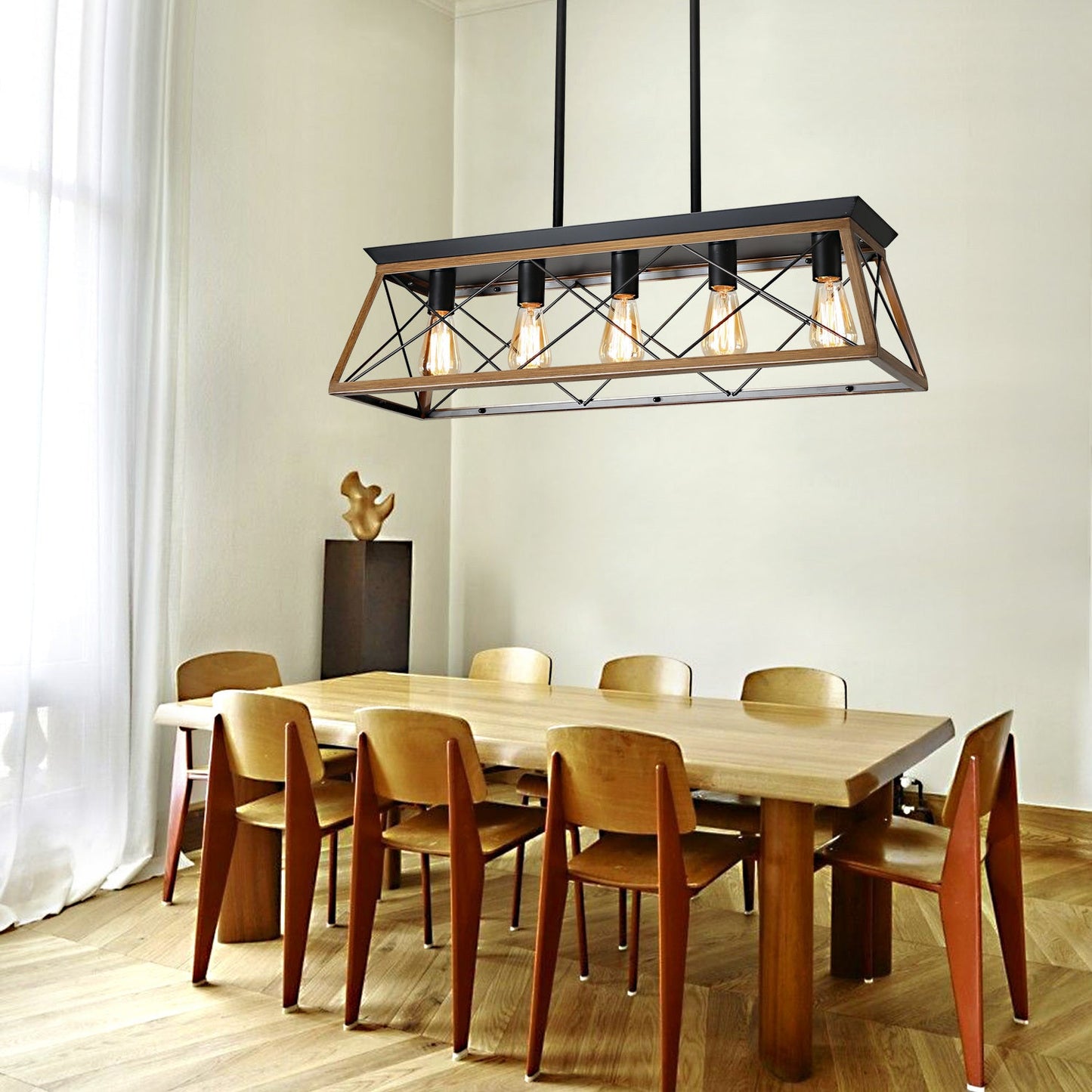 5-Light Walnut Farmhouse Chandeliers For Dining Room