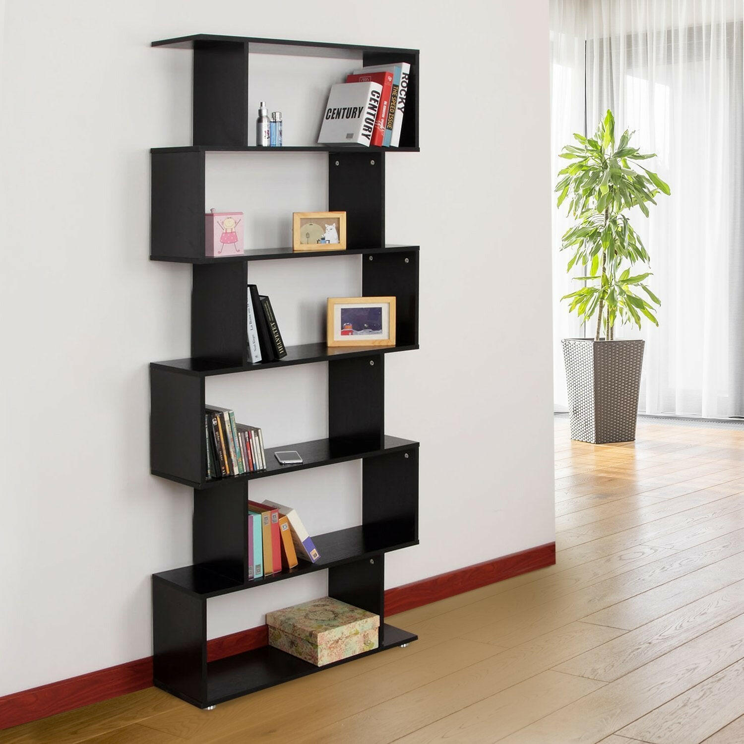 HOMCOM Wooden S Shape Bookcase 6 Shelves Storage Display Home Office.