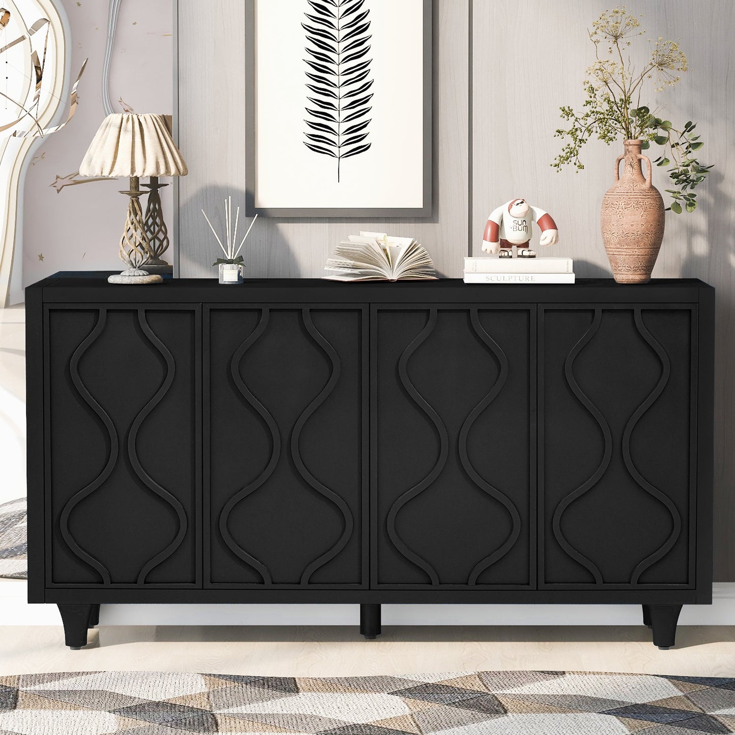 Stylish Storage Cabinet Sideboard Wooden Cabinet with Embossed Curved