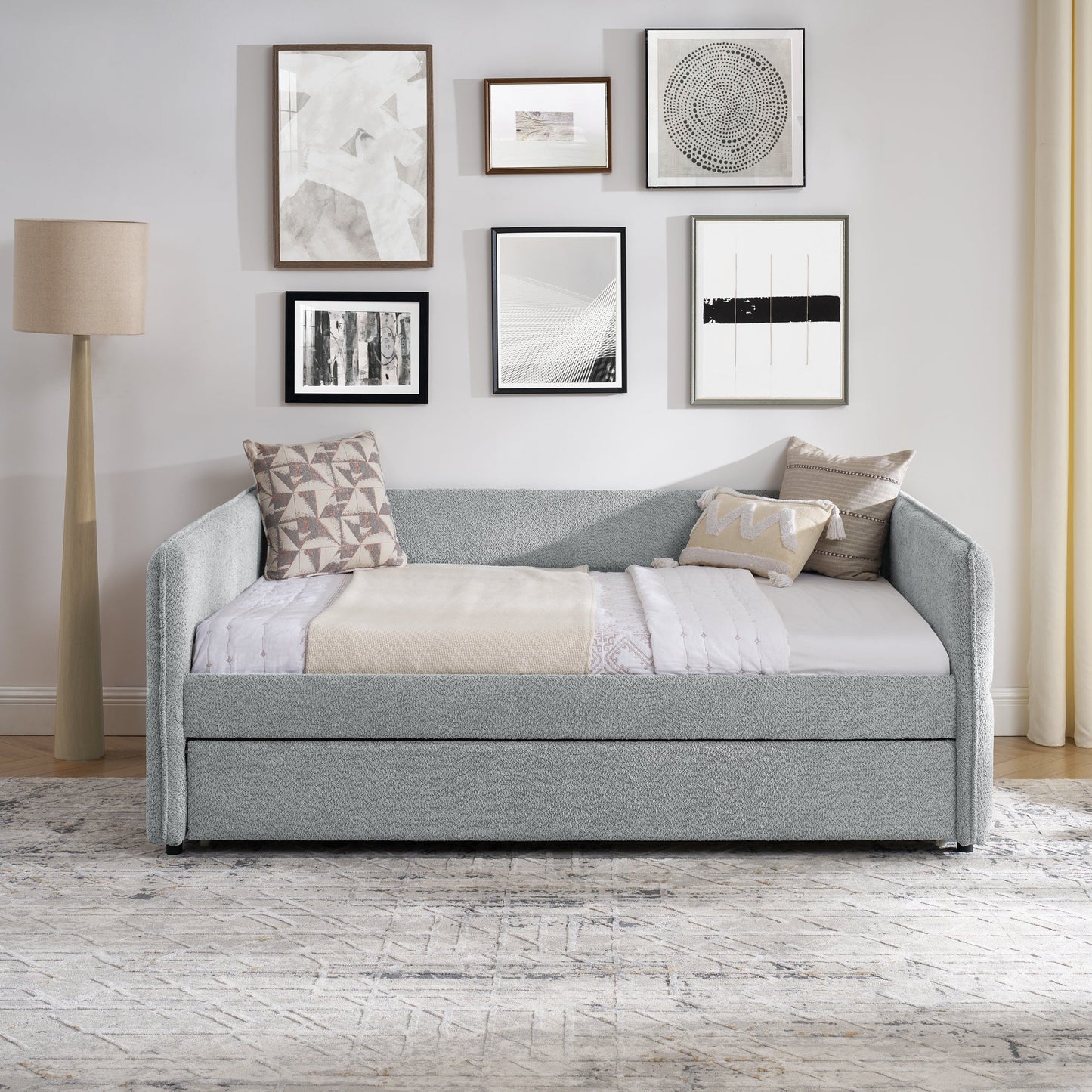 Daybed with Trundle Upholstered Tufted Sofa Bed, Full Size, Boucle