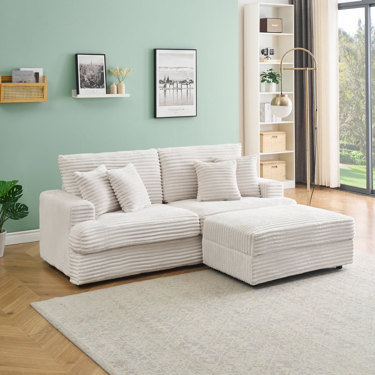 82 inches white corduroy sofa, storage feet +4 throw pillows, create a