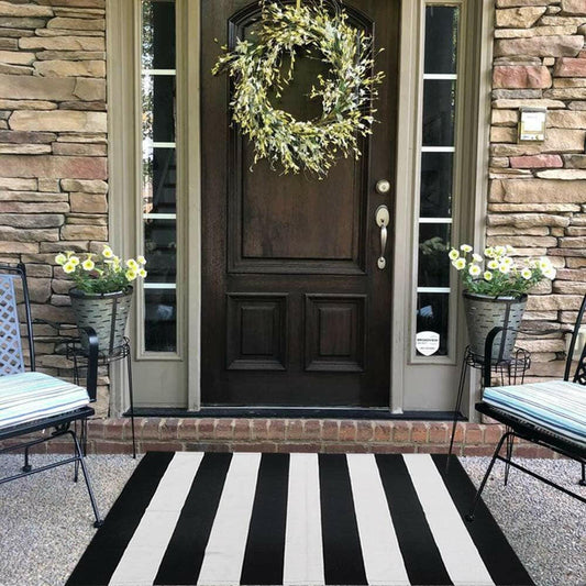 Black and White Striped Outdoor Rug 27.5X 43 Inches Front Door Mat Hand-Woven Cotton Indoor/Outdoor for Layered Mats,Welcome Mat, Porch,Farmhouse,Kitchen,Entry Way.