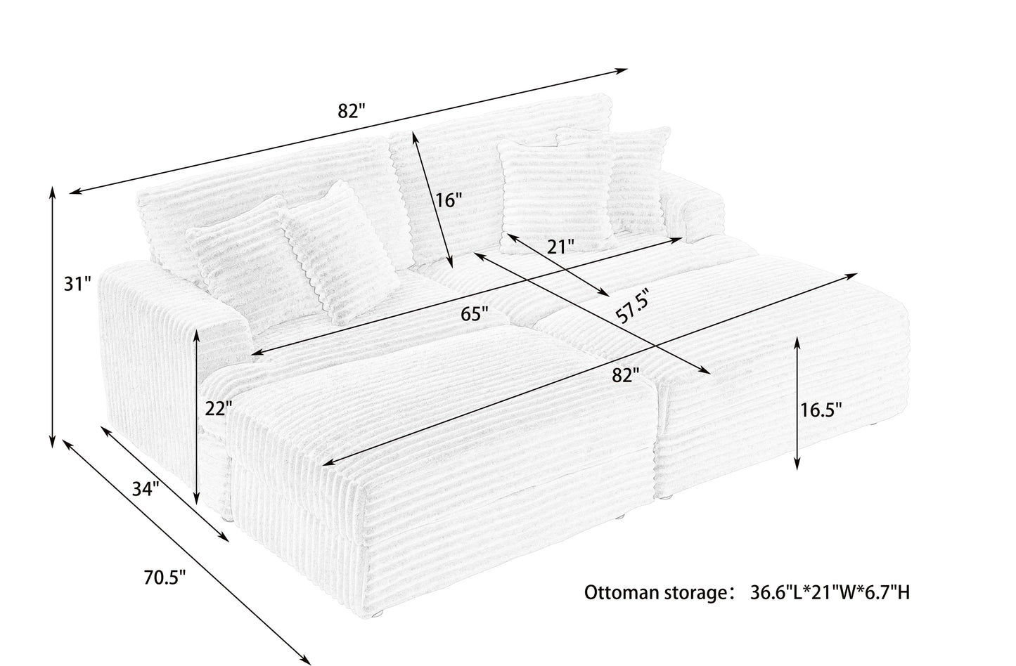 82 inches gray corduroy sofa, two storage feet +4 throw pillows,