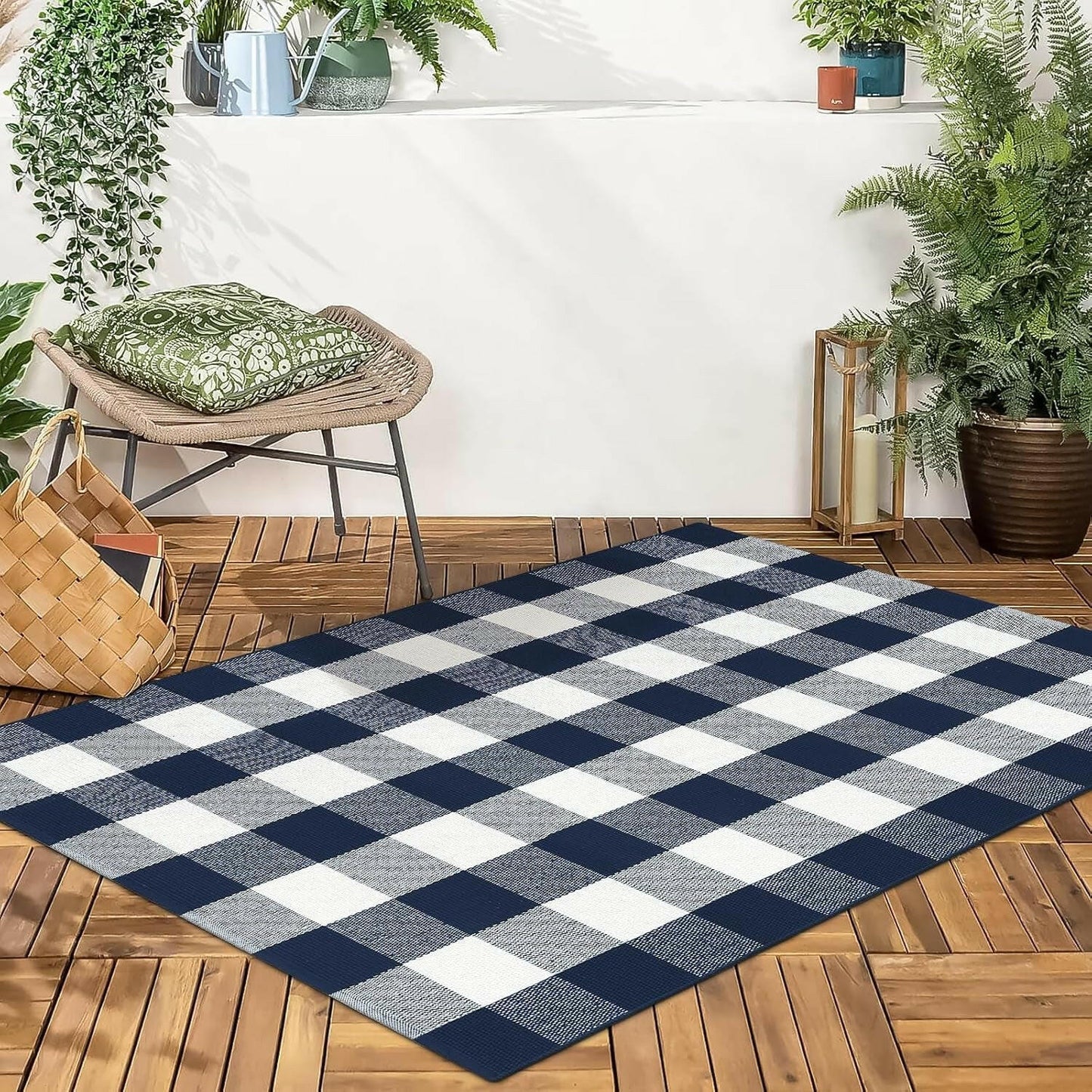 Buffalo Plaid Outdoor Rug, 3X5 Blue and White Checkered Door Mat, Cotton Woven Washable Welcome Mat for Kitchen, Farmhouse Entryway Carpet.