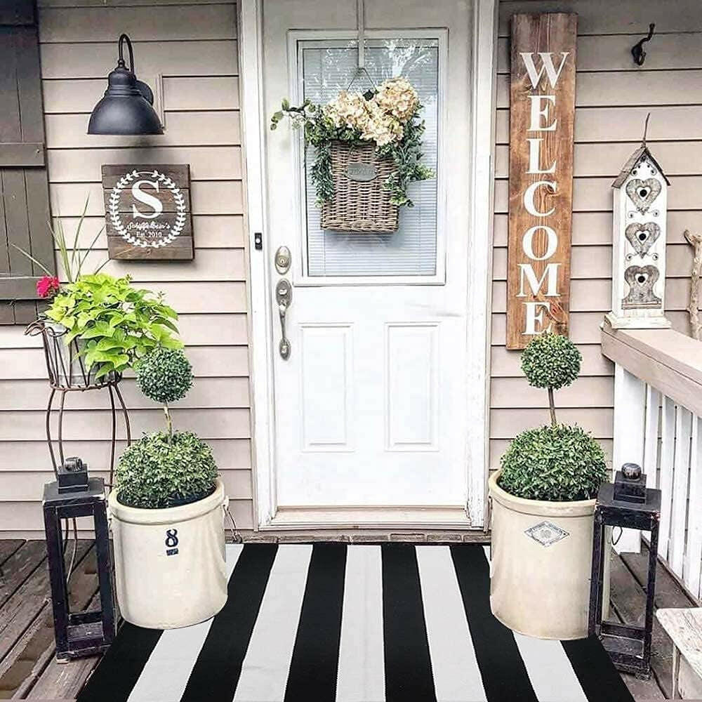 Black and White Striped Outdoor Rug 27.5X 43 Inches Front Door Mat Hand-Woven Cotton Indoor/Outdoor for Layered Mats,Welcome Mat, Porch,Farmhouse,Kitchen,Entry Way.