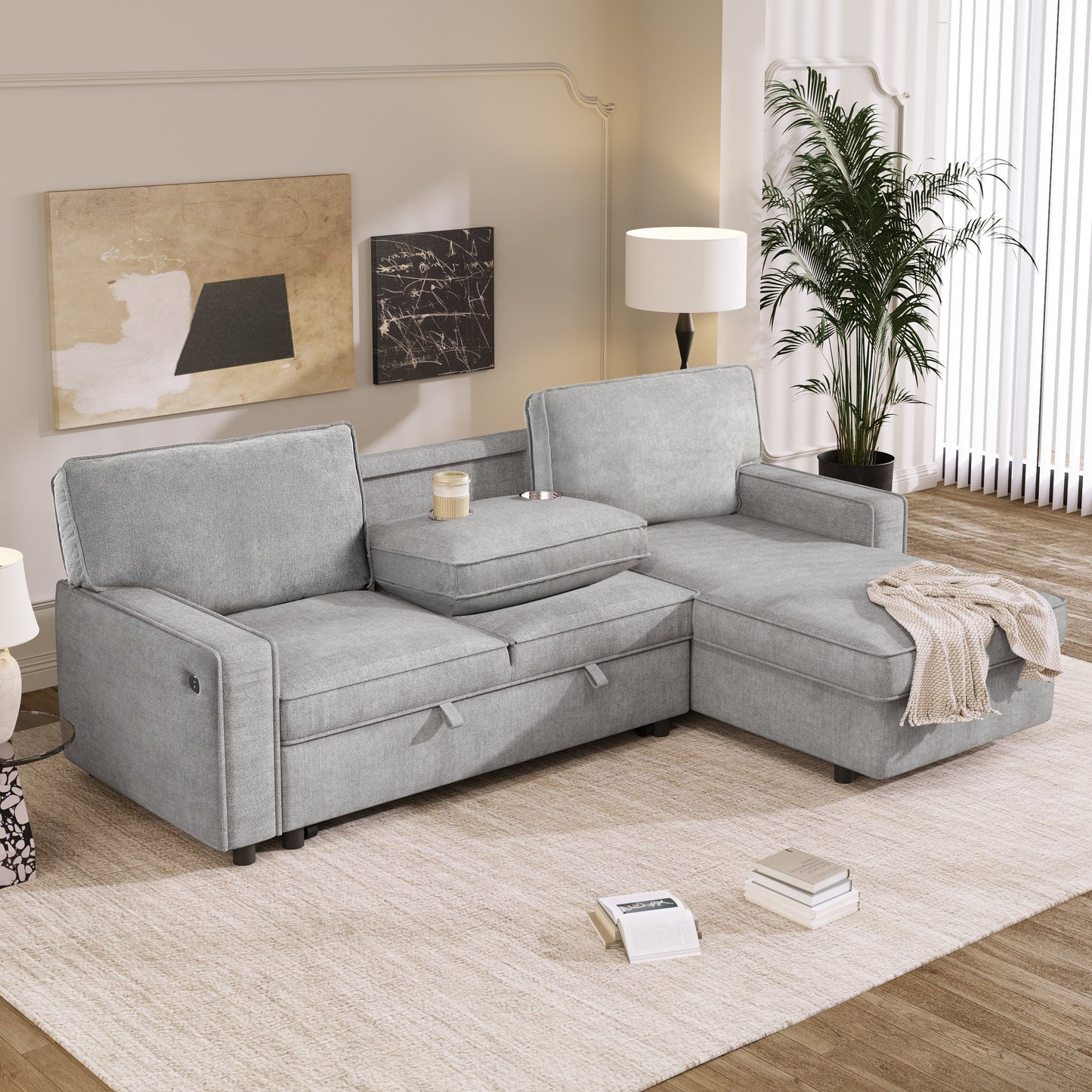 Upholstery Sleeper Sectional Sofa with Storage Space, USB port, 2 cup