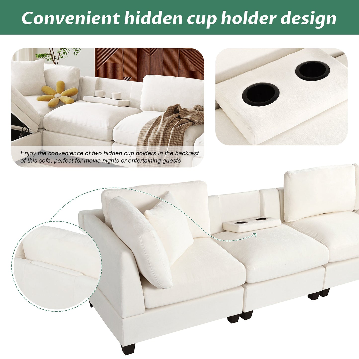 Upholstered Modular Sofa with Removable Storage Ottoman, 2 hidden cup