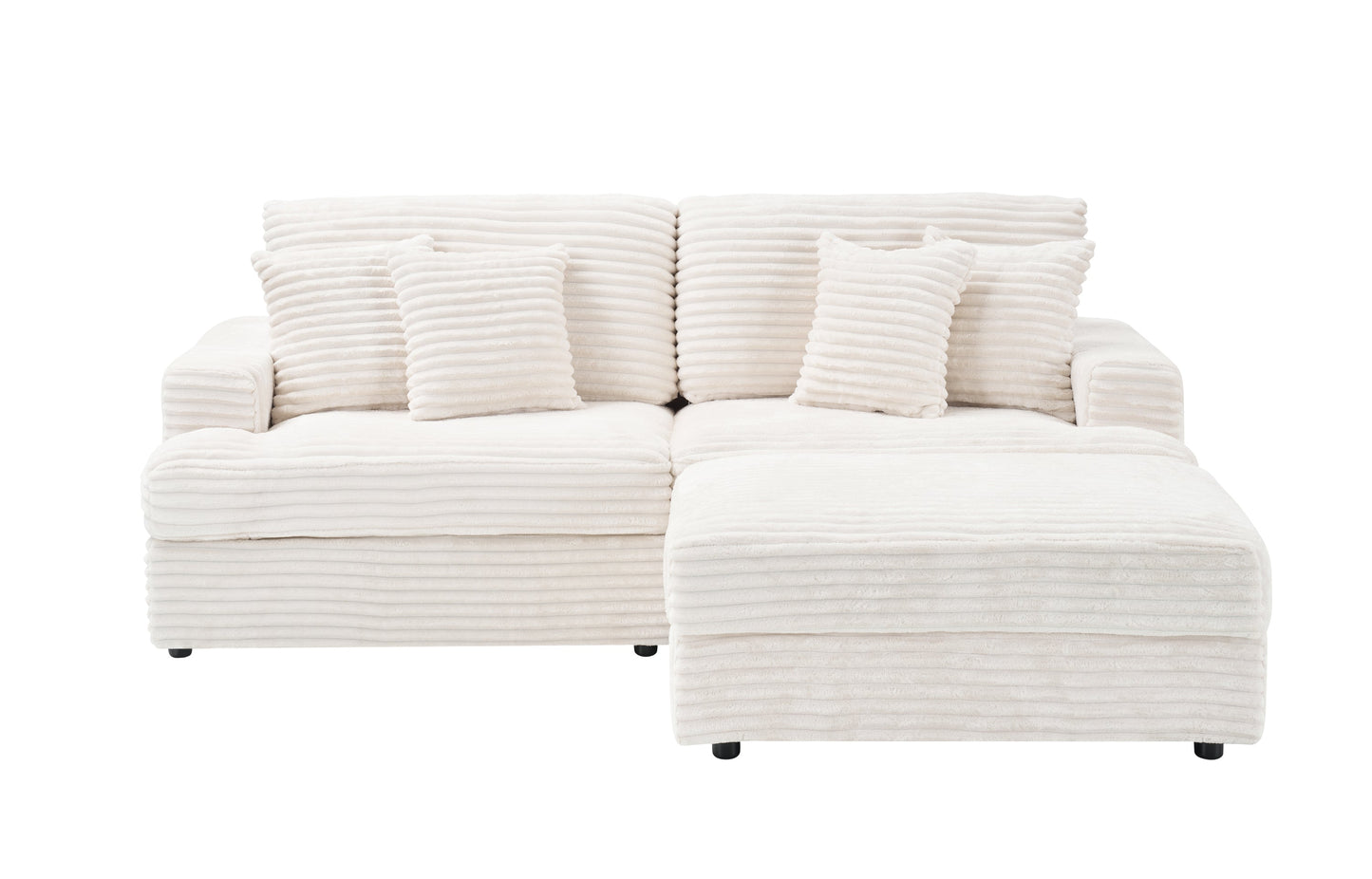 82 inches white corduroy sofa, storage feet +4 throw pillows, create a