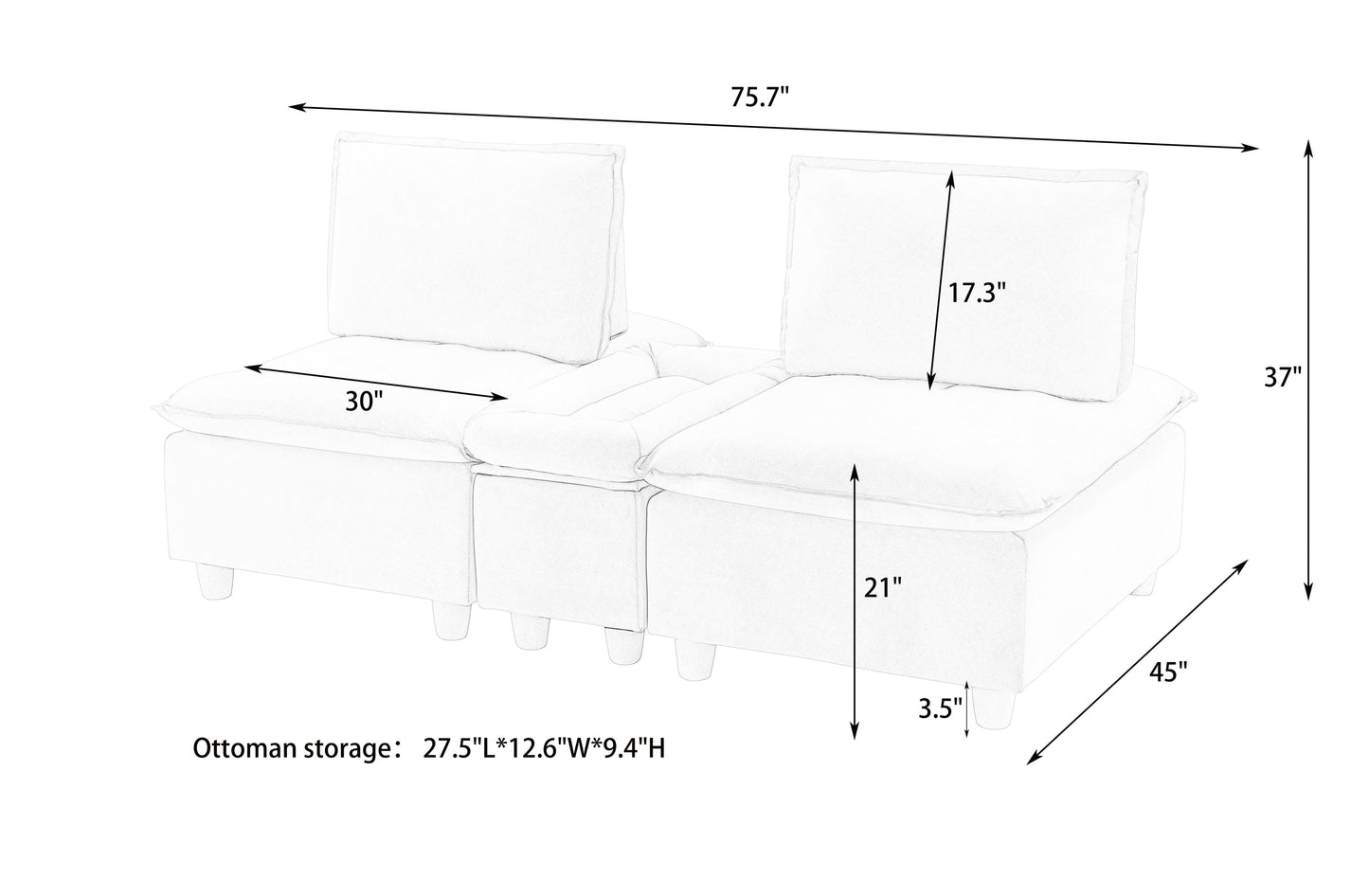 74-inch fashionable and minimalist double-seer off-white flannel sofa