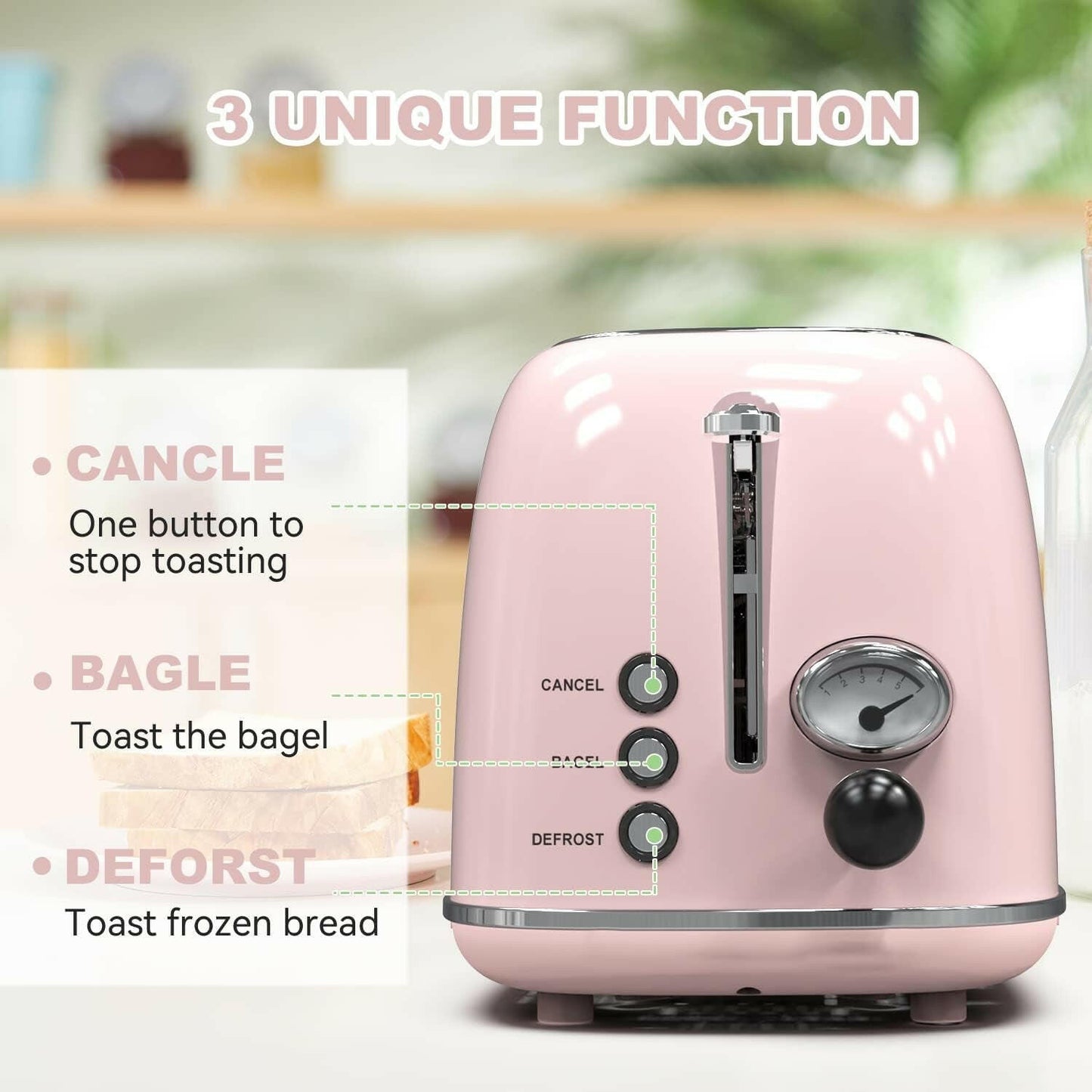 Toaster 2 Slice,Retro Stainless Steel Toaster with 6 Settings, 1.5 in Extra Wide Slots, Bagel/Defrost/Cancel Function, Removable Crumb Tray (Baby Pink).