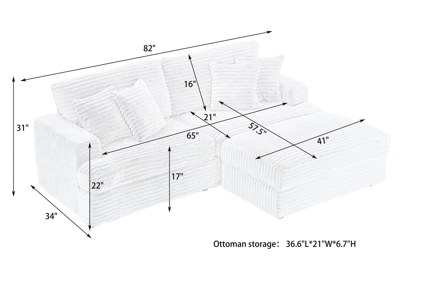 82 inches gray corduroy sofa, storage feet +4 throw pillows, create a