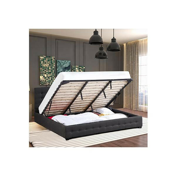 Eden Gas Lift Bed With Headboard Platform Storage Dark Grey Fabric.