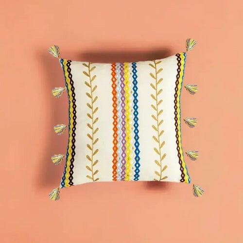 Embroidered Cotton  Fringed Pillowcase.