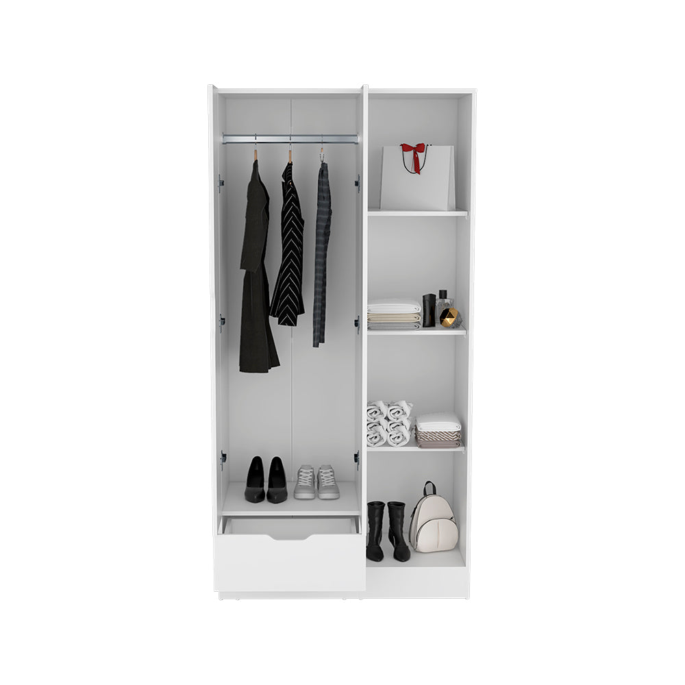 Armoire Dover with Four Storage Shelves, Drawer and Double Door, White