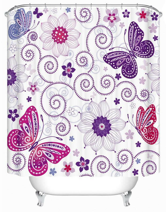 Purplish Butterflies And Flowers Shower Curtain.