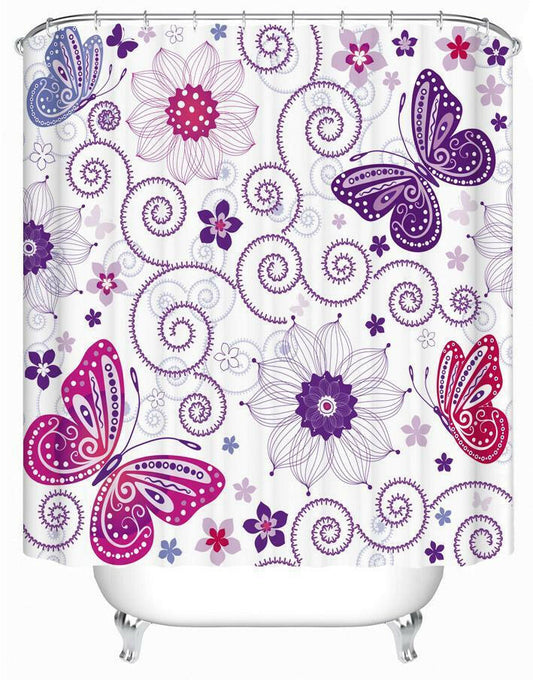 Purplish Butterflies And Flowers Shower Curtain.