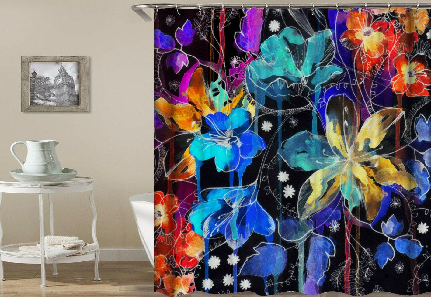 Dark Flower Painting Shower Curtain.