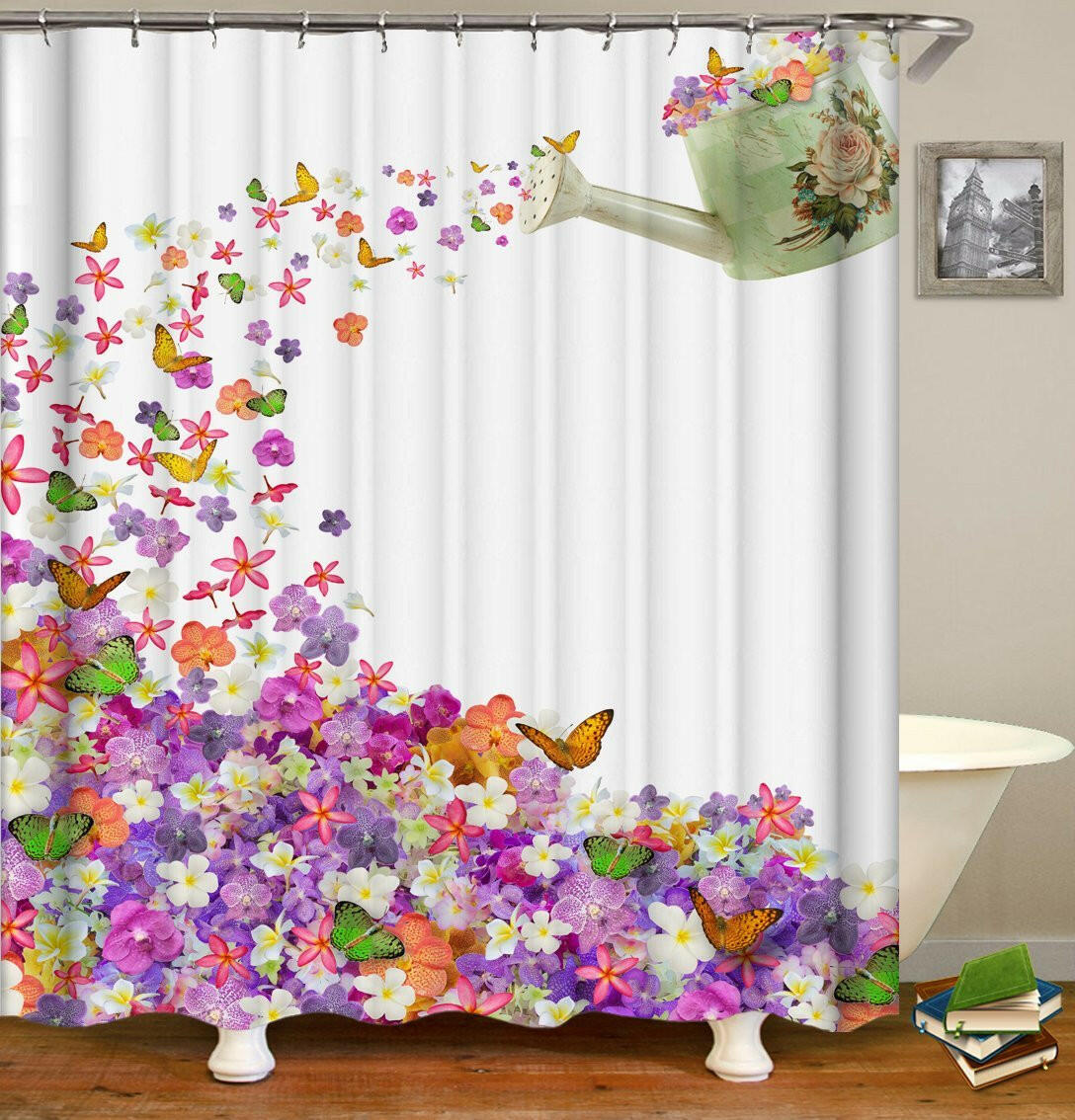 Watering Flowers And Butterflies Can Shower Curtain.