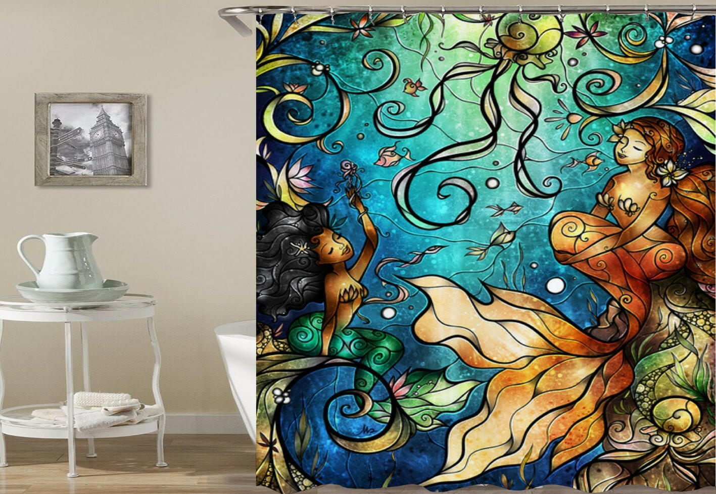 Stained Glass Mermaid Shower Curtain.