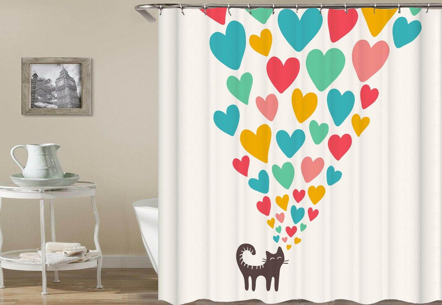 Hearts Sending Cat Shower Curtain.