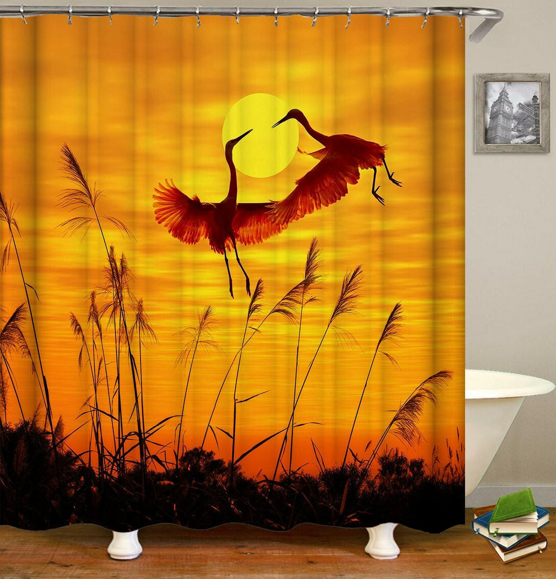 Sunset Flying Storks Shower Curtain.