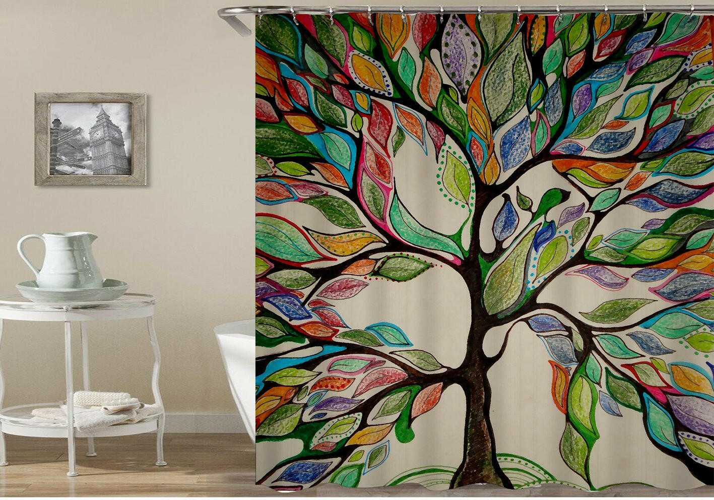 Multicolored Artwork Tree Shower Curtain.