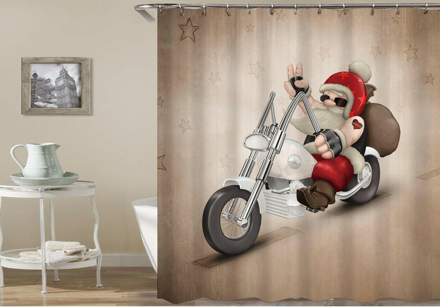 Santa Riding A Harley Shower Curtain.