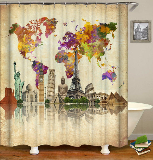 World Map Attractions Shower Curtain.