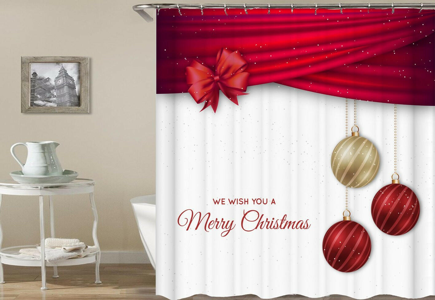 Gift Wrap And Christmas Bubbles Shower Curtain.