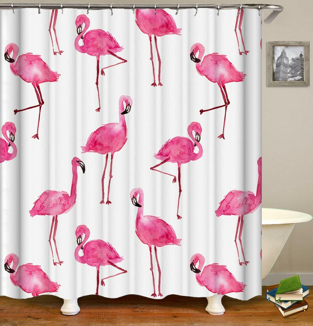 Watercolor Flamingo Pattern Shower Curtain.