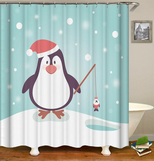 Cute Penguin With Santa Hat Shower Curtain.