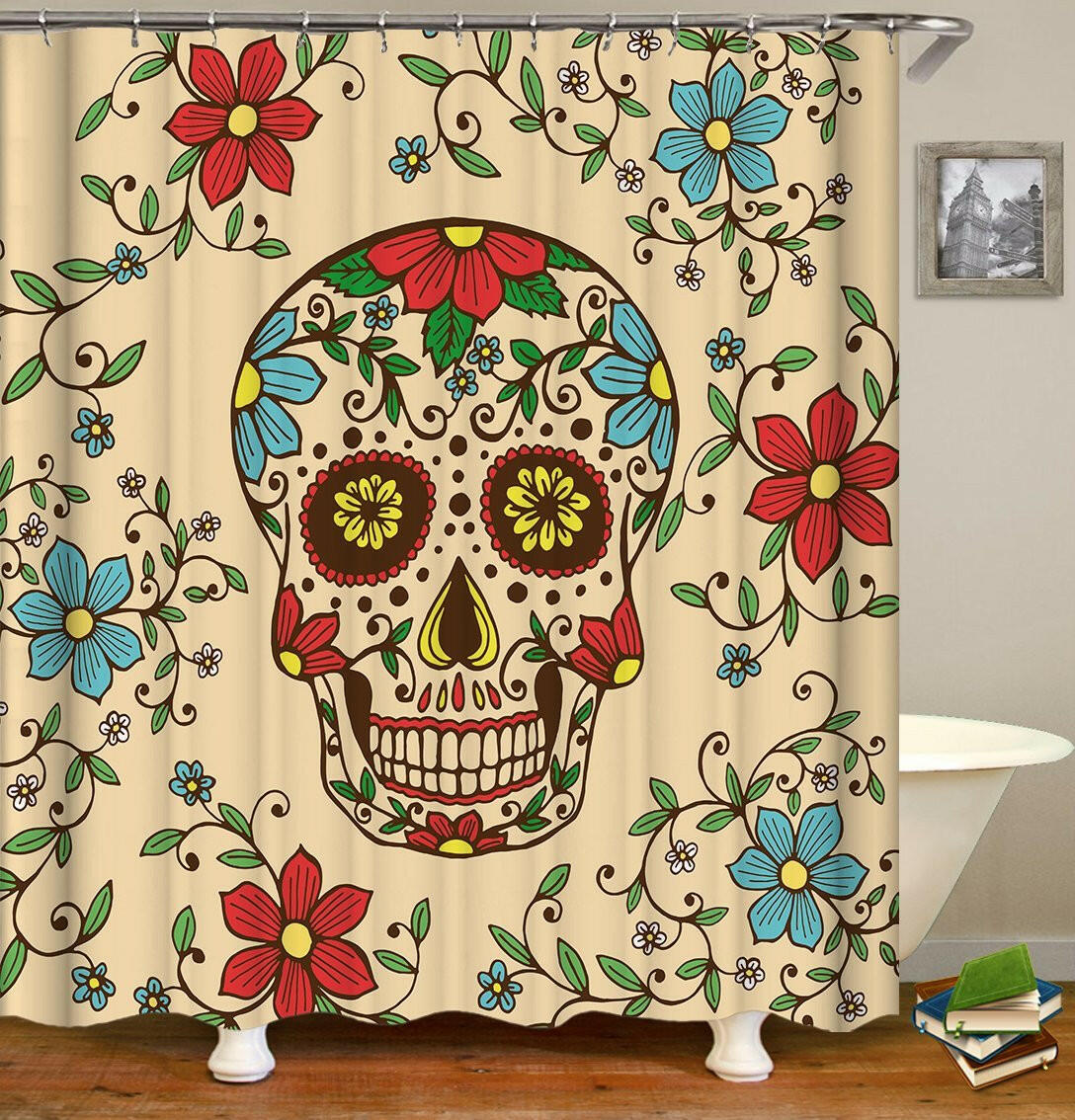 Red And Blue Flowers Skull Shower Curtain.