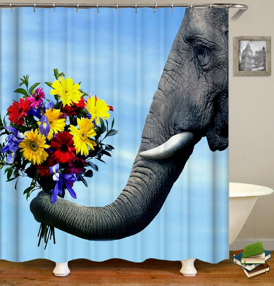 Elephant Holding Colorful Flowers Shower Curtain.