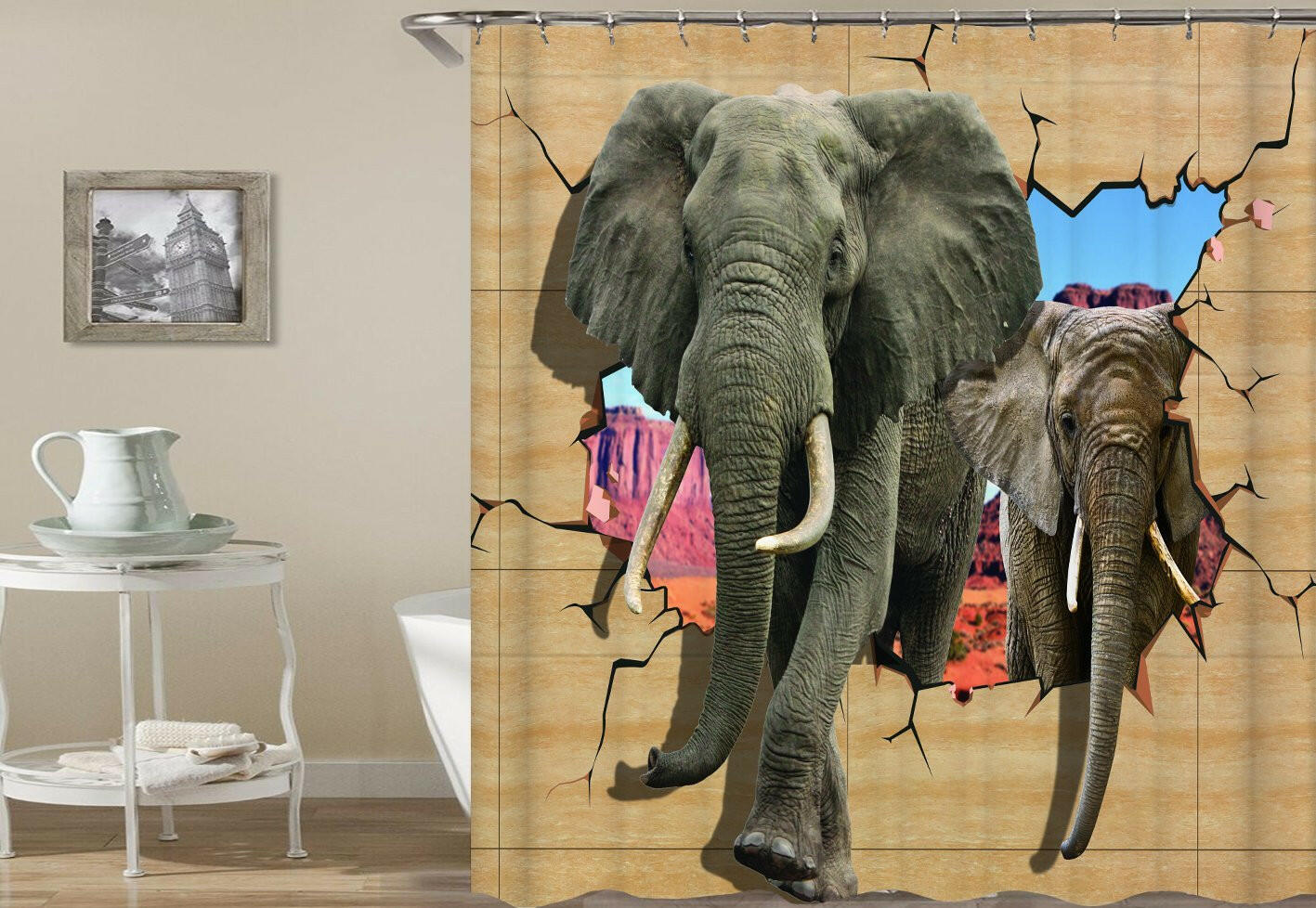 Elephants Breaking A Wall Shower Curtain.