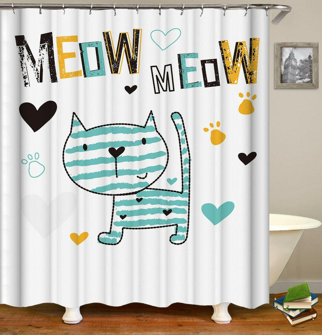 Meow Cute Cat Drawing Shower Curtain.