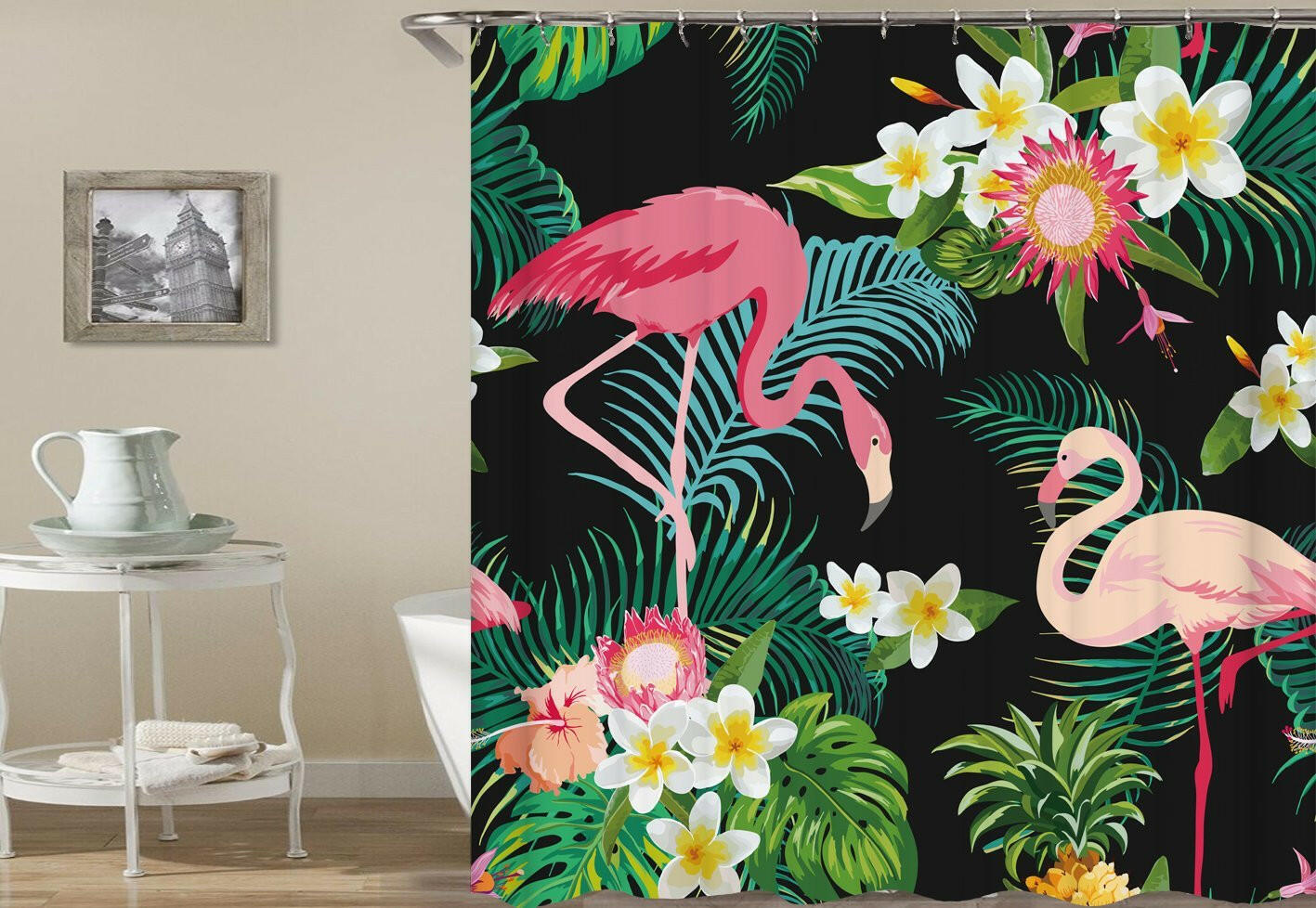 Tropical Flowers And Flamingo Shower Curtain.