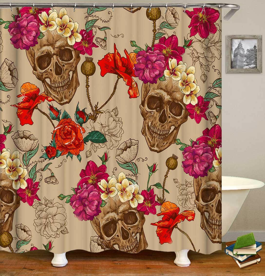 Fresh Flowers Fit Skulls Painting Shower Curtain.