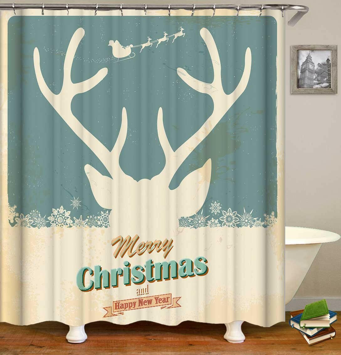 Reindeer Christmas Vintage Tin Plate Shower Curtain.