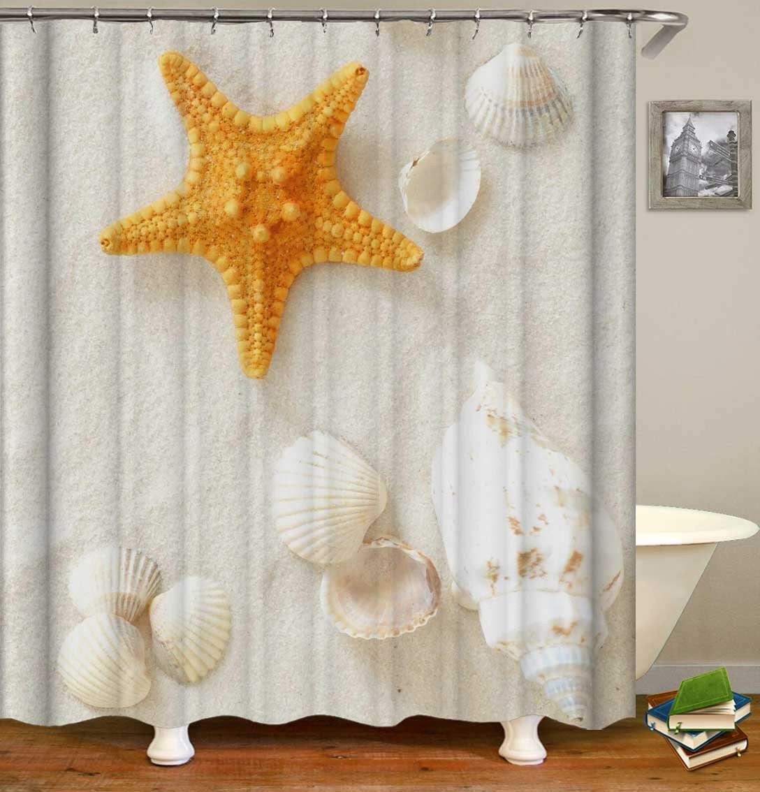 Yellow Starfish And Seashells Shower Curtain.