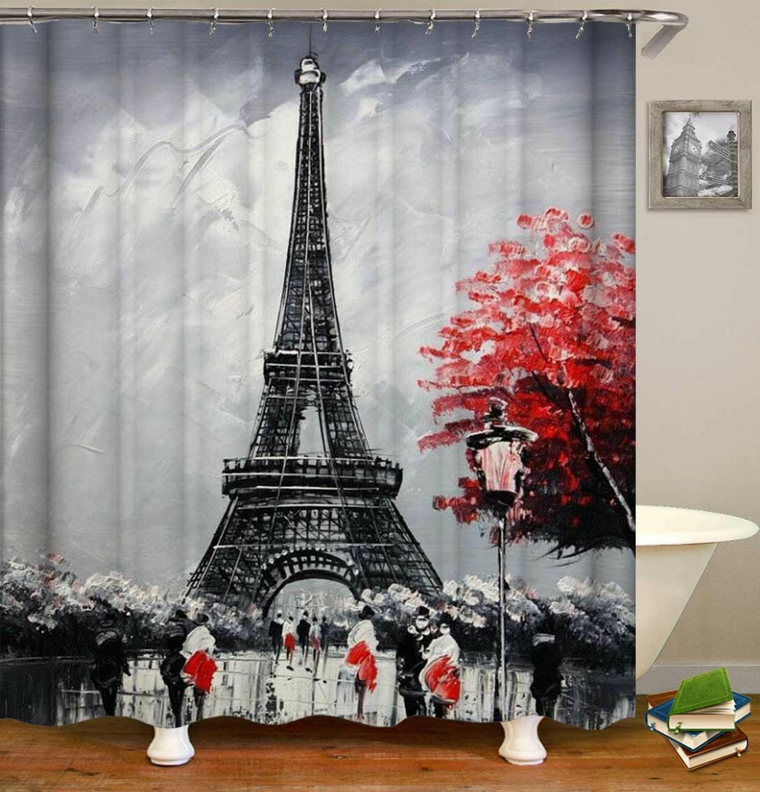 Eiffel Tower Black And Red Art Shower Curtain.