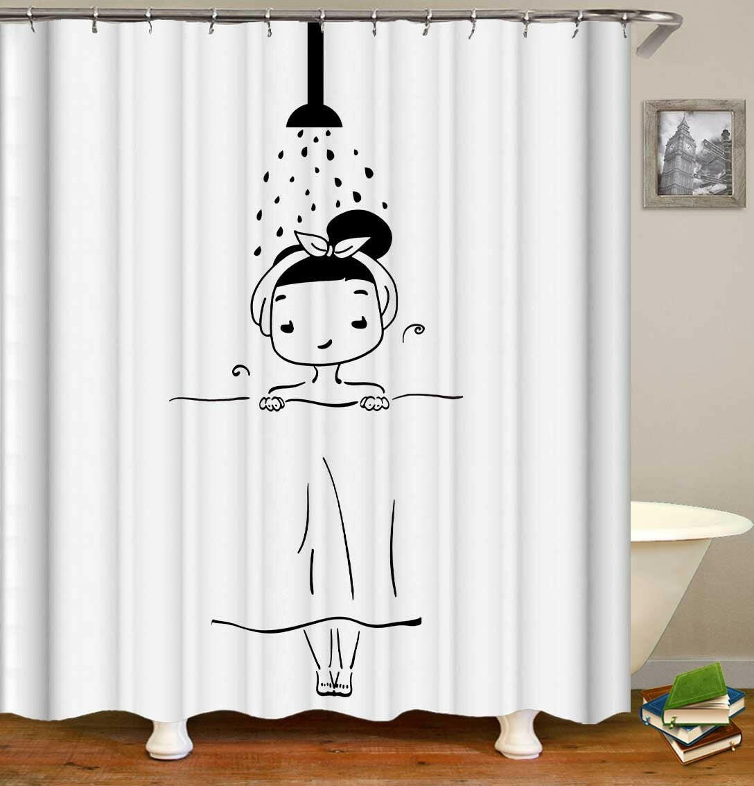 Showering Girl Black And White Drawing Shower Curtain.