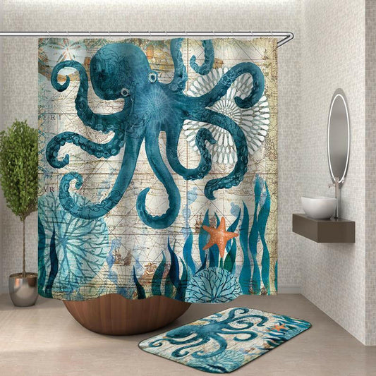 Octopus Vintage Map Shower Curtain.