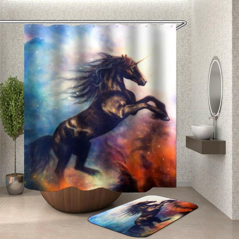 Magical Black Unicorn Shower Curtain.