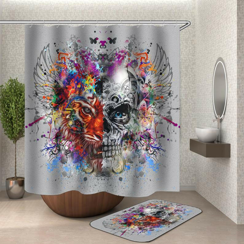 Crazy Colorful Mix Skull And Tiger Shower Curtain.