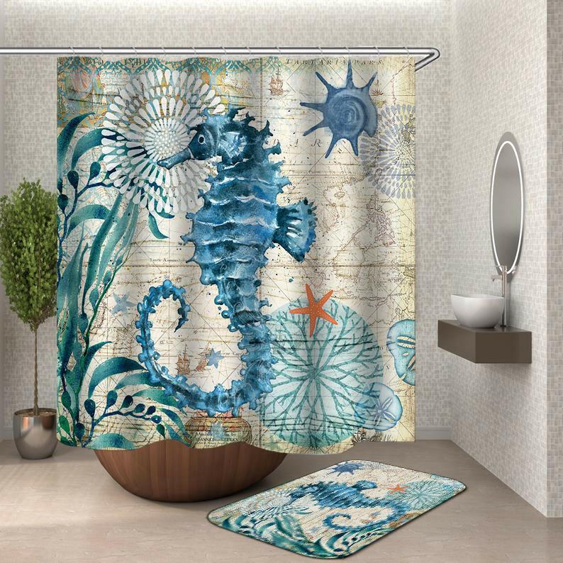 Vintage Map Seahorse Shower Curtain.