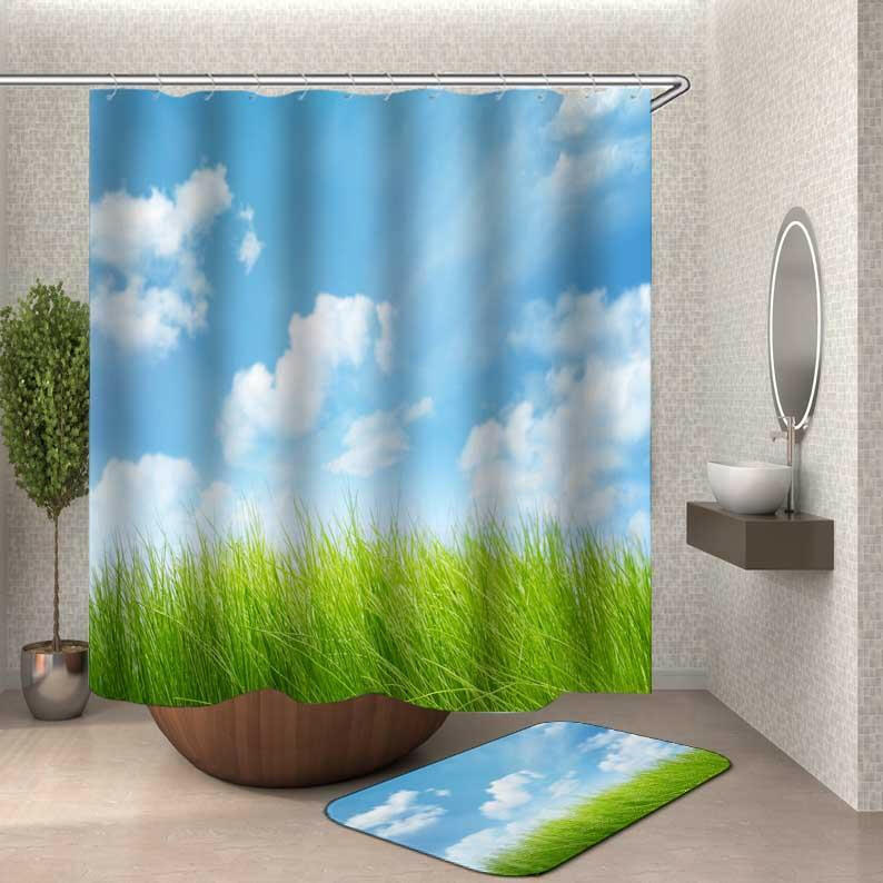 Green Grass Under The Blue Sky Shower Curtain.