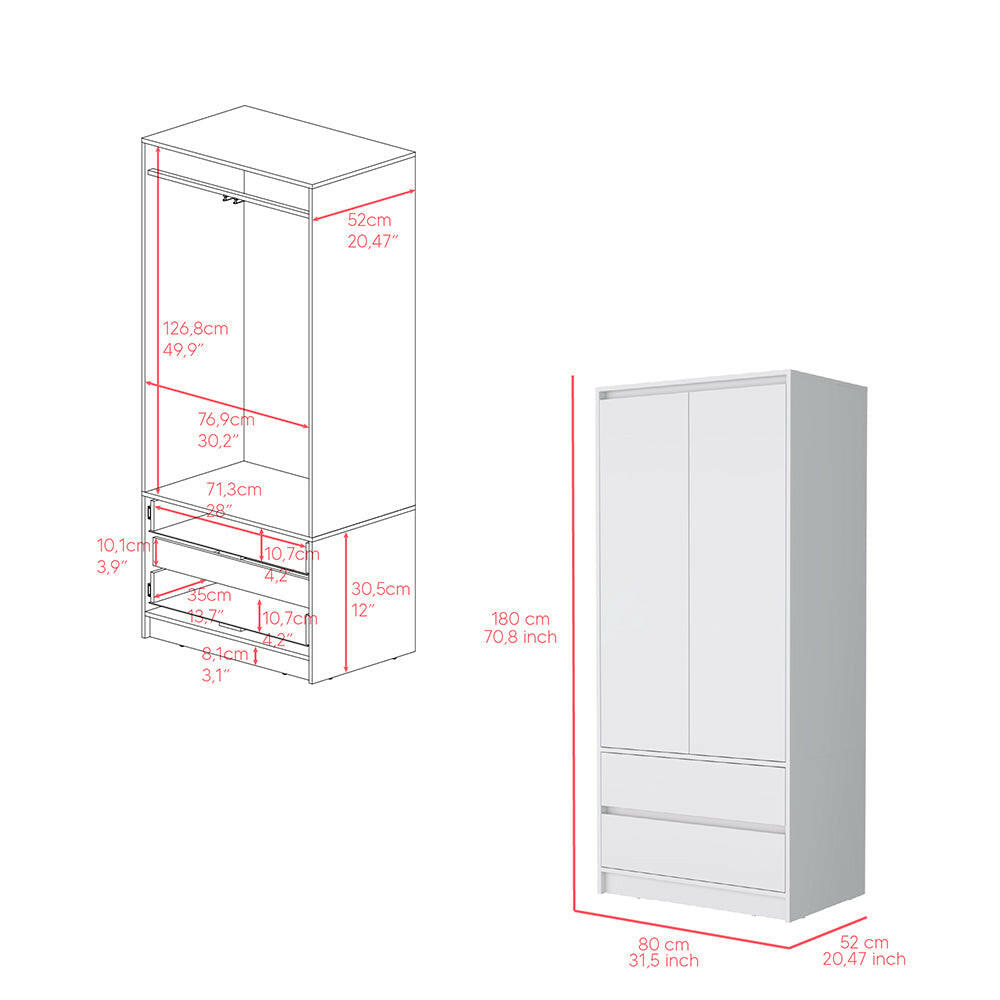 Beloit 3 Piece Bedroom Set, Nightstand + Dresser+ Armoire, White.